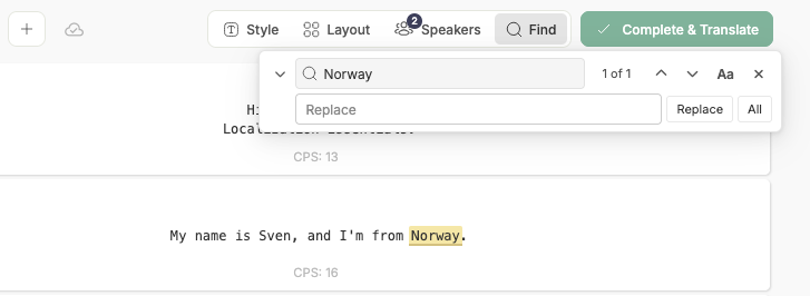 The find and replace bar searching for a word, with the match highlighted in the subtitle