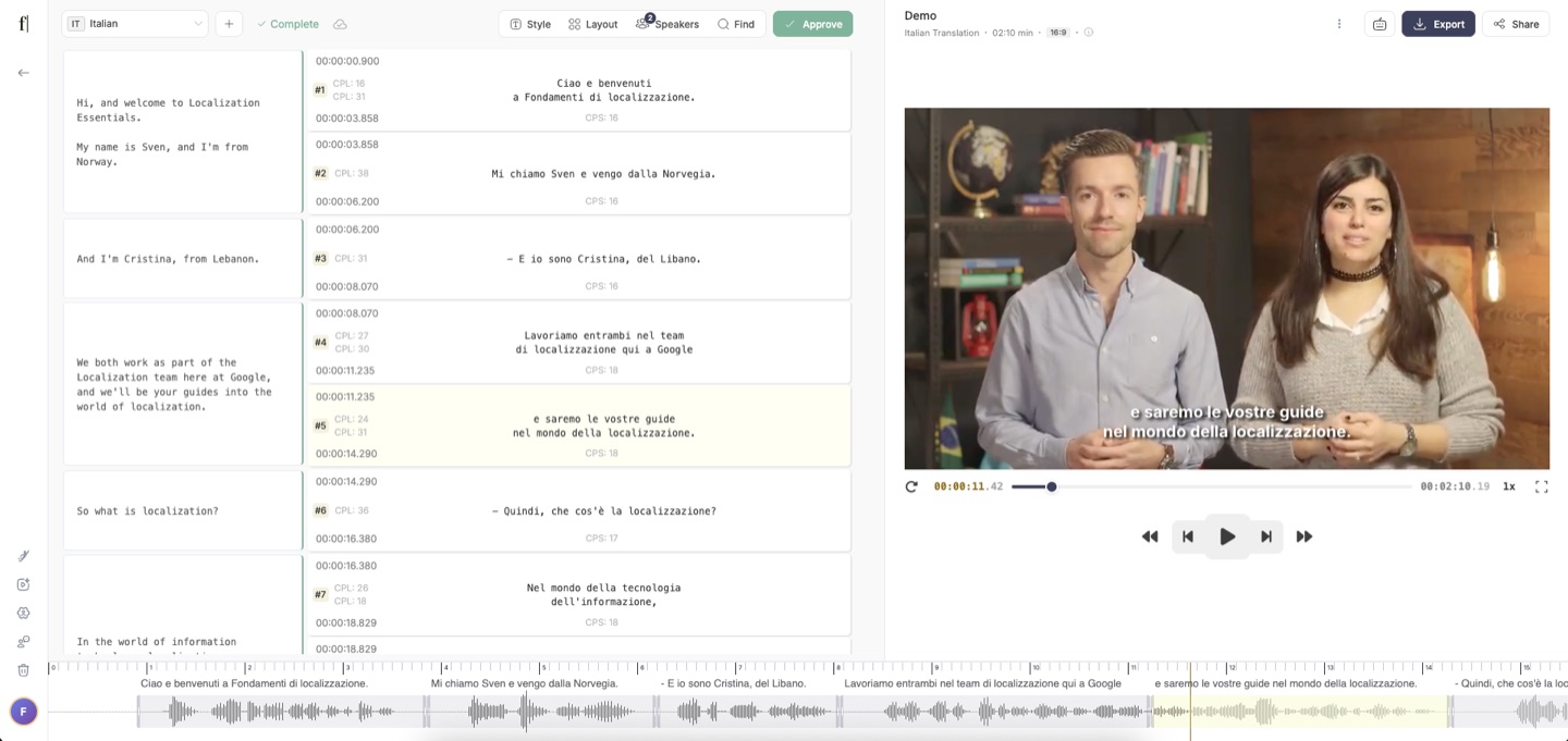 The redesigned subtitle editor with the subtitle list, styling toolbar, video preview, and timeline