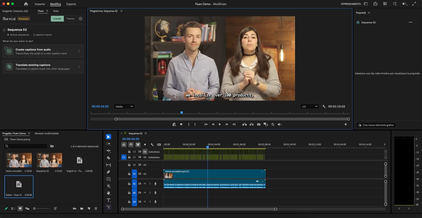 The Fluen panel open inside Adobe Premiere Pro, next to a sequence with caption tracks