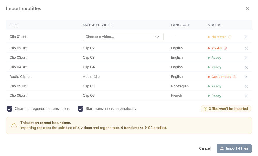 The Import subtitles window matching a batch of dropped .srt files to videos by name, each row showing its status: ready, no match, invalid, or cannot import