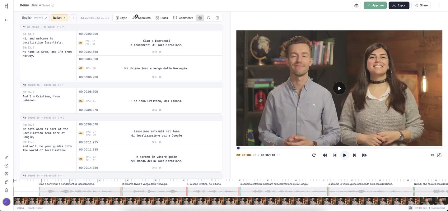 The refreshed subtitle editor on an Italian translation: each subtitle beside the original English lines it came from, the video player on the right, and along the bottom a timeline with the subtitle text, the audio wave and frames from the video