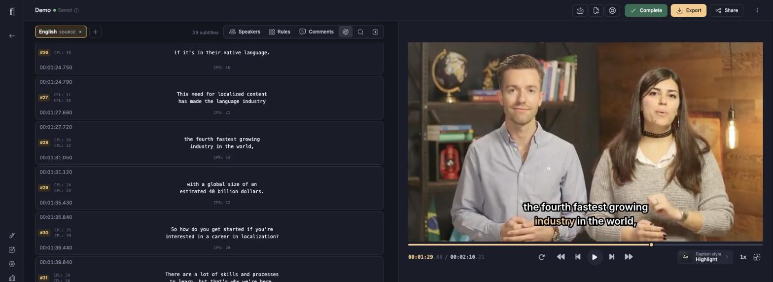 The subtitle editor in dark mode: the list of subtitles on a dark background on the left, and the video on the right with a dynamic caption highlighting the word being spoken